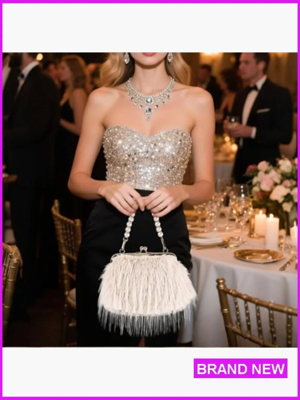 Feather Evening Clutch with Pearl Strap Crossbody Fluffy Bag Wedding Party Prom